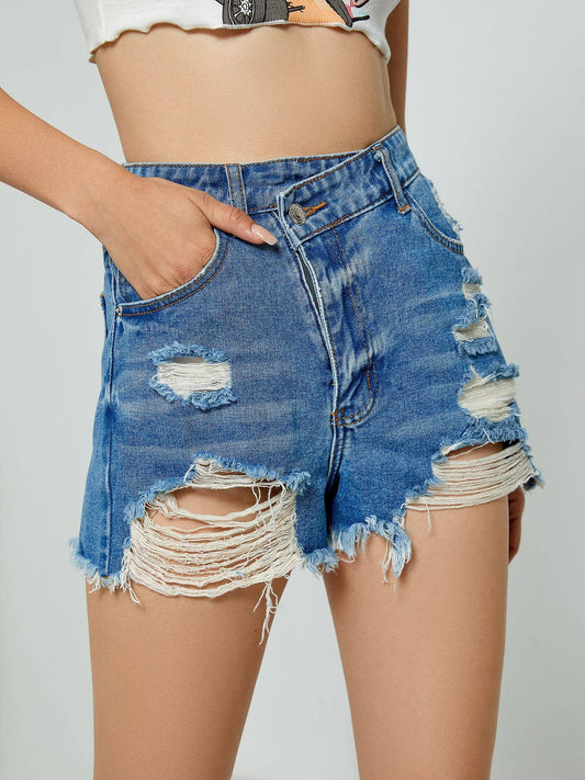 RIPPED HIGH-WAISTED HOT PANTS DENIM SHORTS