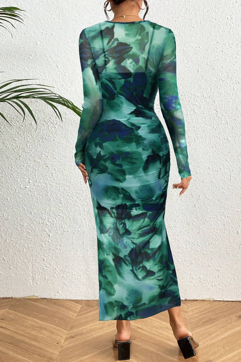 CWDMD4881_TIE-DYE PLEATED ROUND NECK LONG SLEEVE DRESS