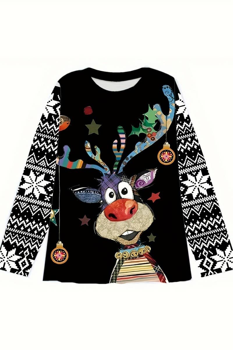 CWOSWL07612_CHRISTMAS PATTERN CASUAL KNIT LONG SLEEVE TEE
