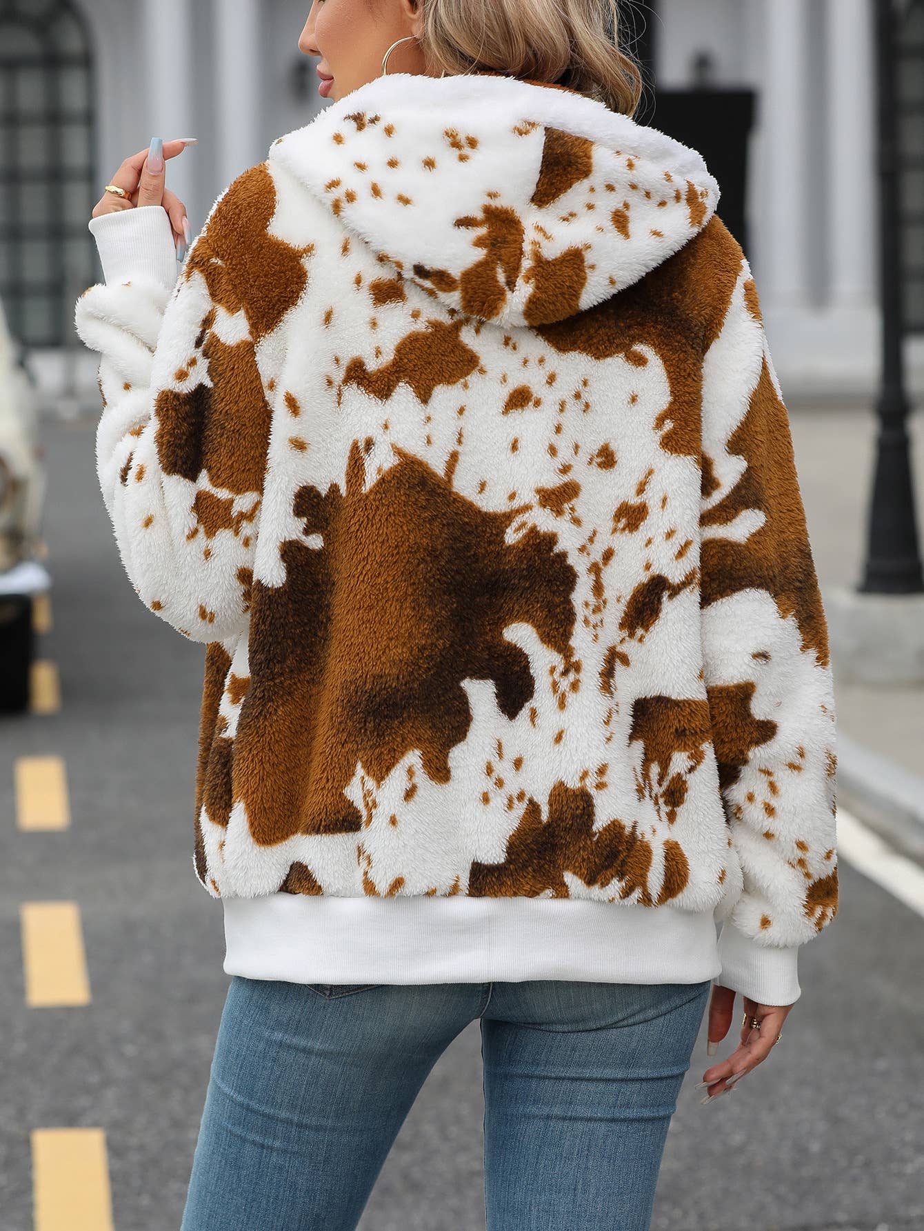 HOODED ZIPPER FLEECE PRINTED CARDIGAN COAT