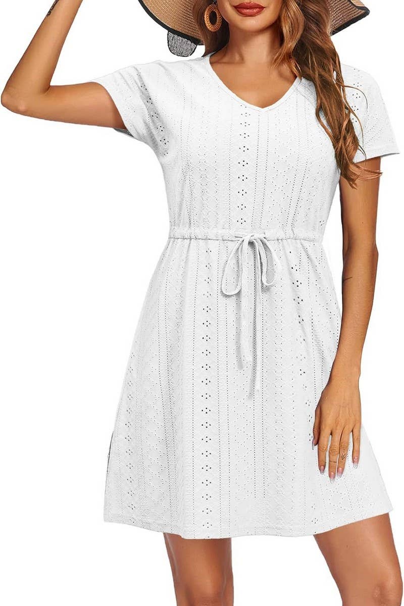 CWDSD8710_EYELET V-NECK CINCHED WAIST BEACH COVER UP DRESS