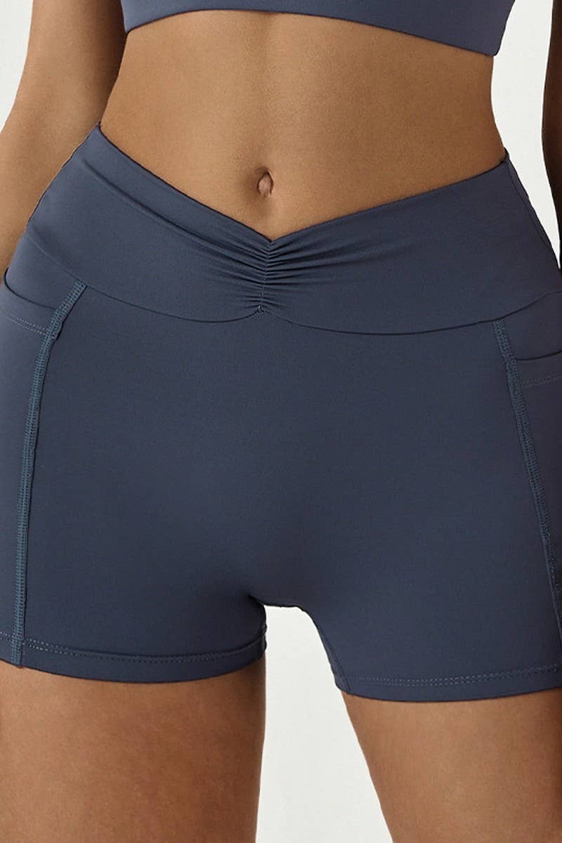 CWBSP0443_PLEATED POCKET HIGH WAIST FITNESS YOGA SHORTS