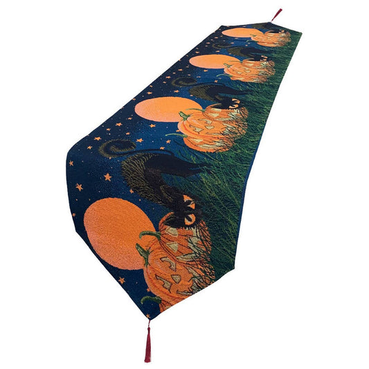 HALLOWEEN FULL MOON BLACK CAT TABLE RUNNER