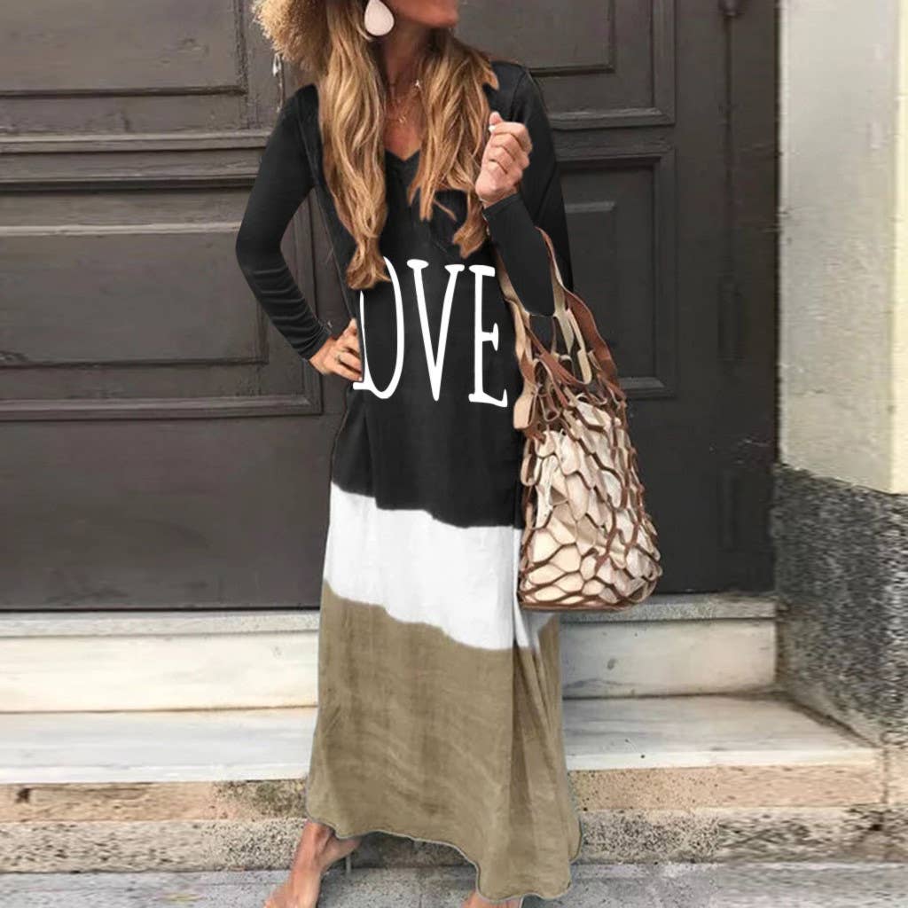 Fashion color-blocking printe long-sleeved dress