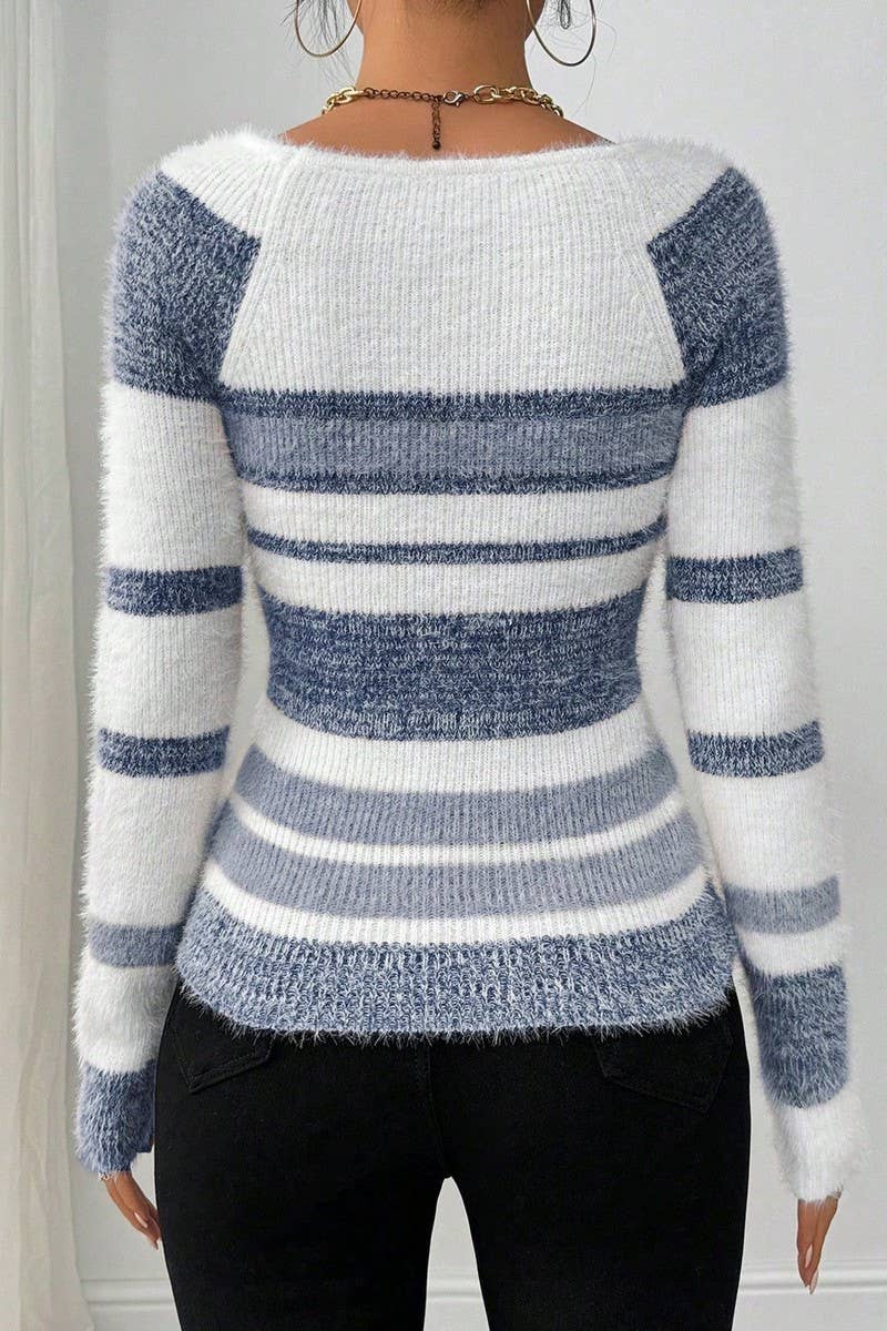 CWOSWL07626_FAUX FUR STRIPE SQUARE NECK SLIM SWEATER