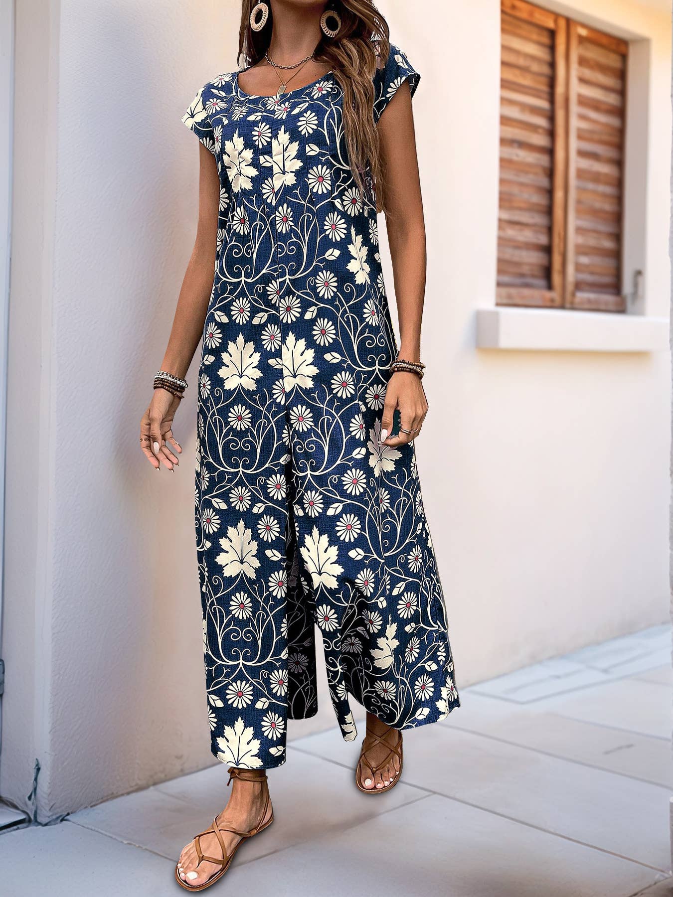 Vintage floral print casual straight-leg jumpsuit