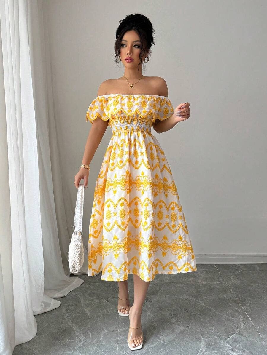 One-shoulder ruffled cutout embroidered dress