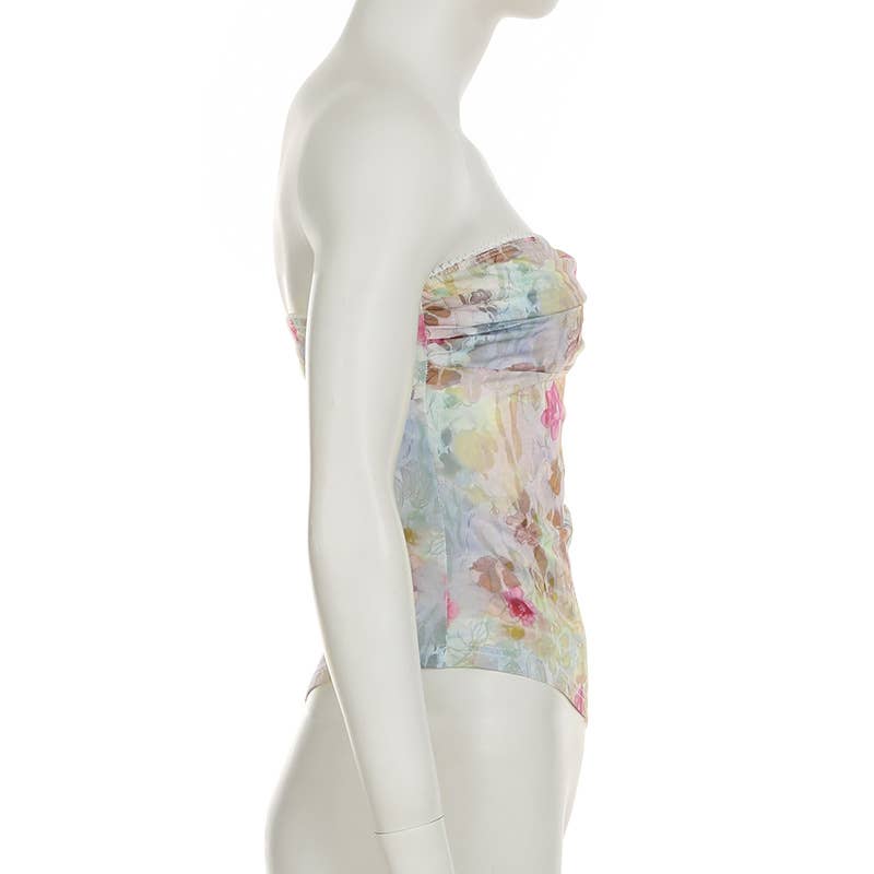Vacation-style floral print irregular strapless