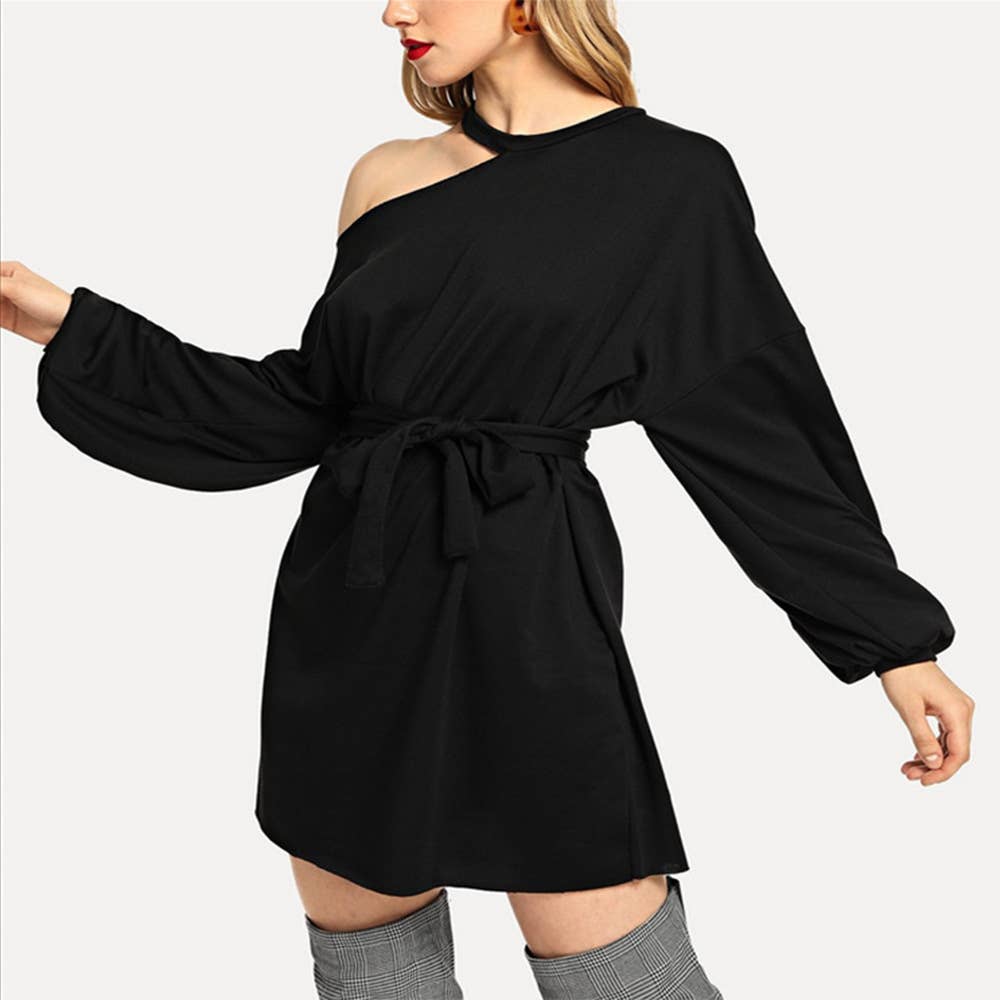 LACE-UP ROUND NECK SEXY SLANT SHOULDER DRESS