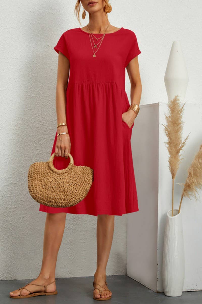 CWDSD10613_SUMMER TEMPERAMENT ROUND NECK A-LINE DRESS