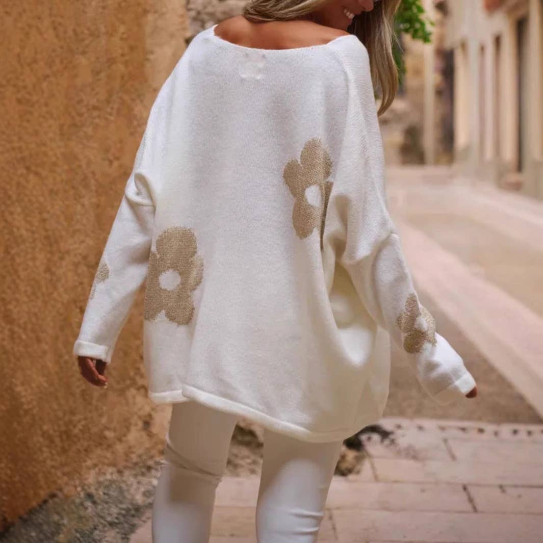 Round-neck solid-color jacquard knitted sweater