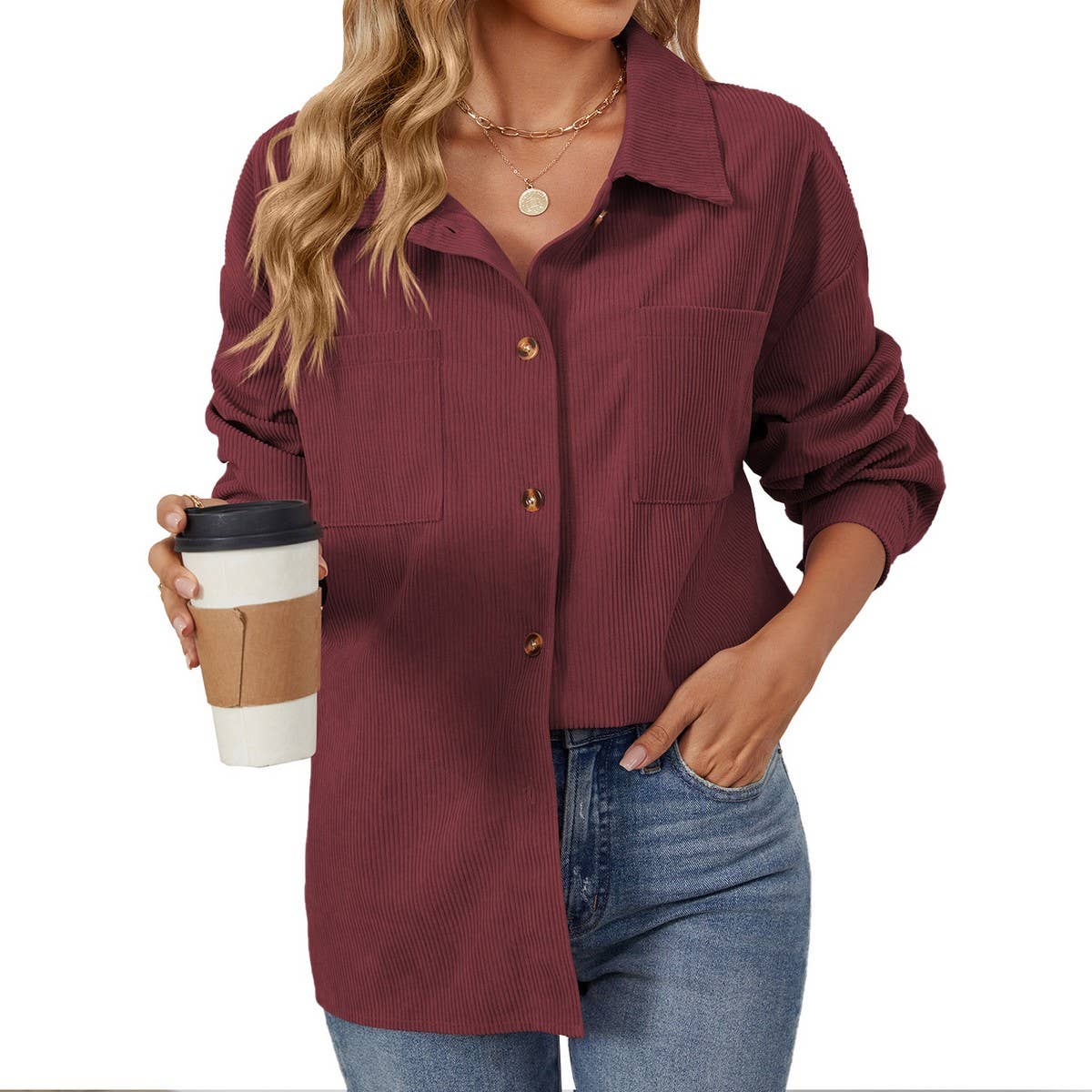 Lapel button solid color patchwork shirt jacket