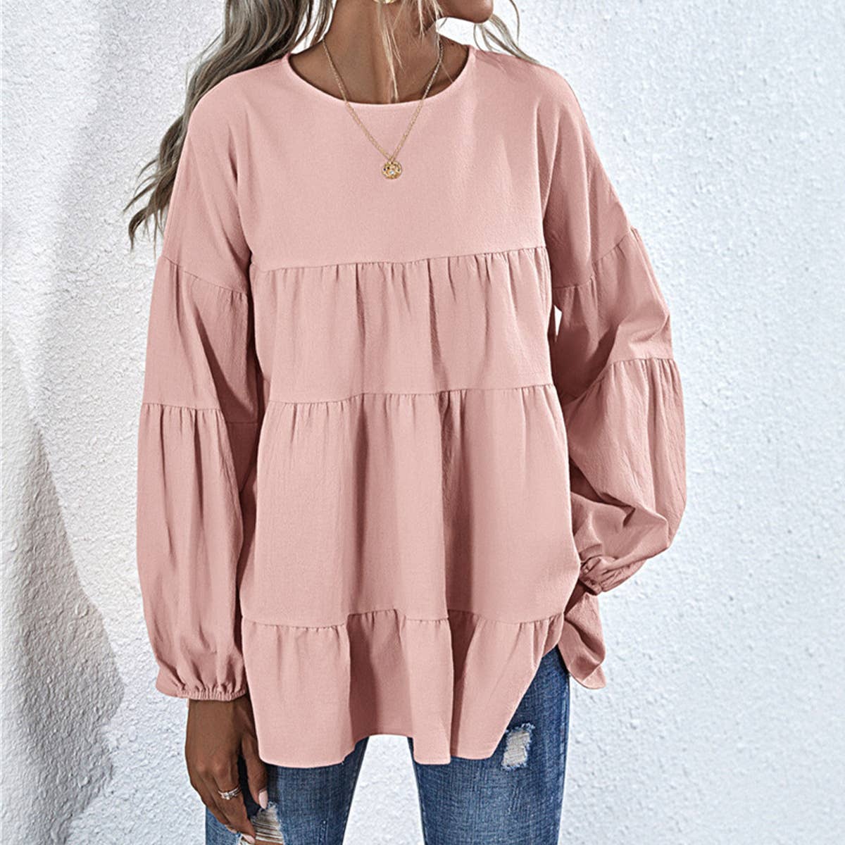 SOLID COLOR ROUND NECK LANTERN SWING LOOSE TOP
