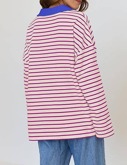 STRIPED V-NECK LOOSE LONG-SLEEVED HOODIE