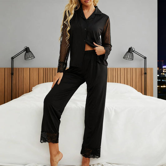 Mesh long-sleeved shirt long pants home wear set