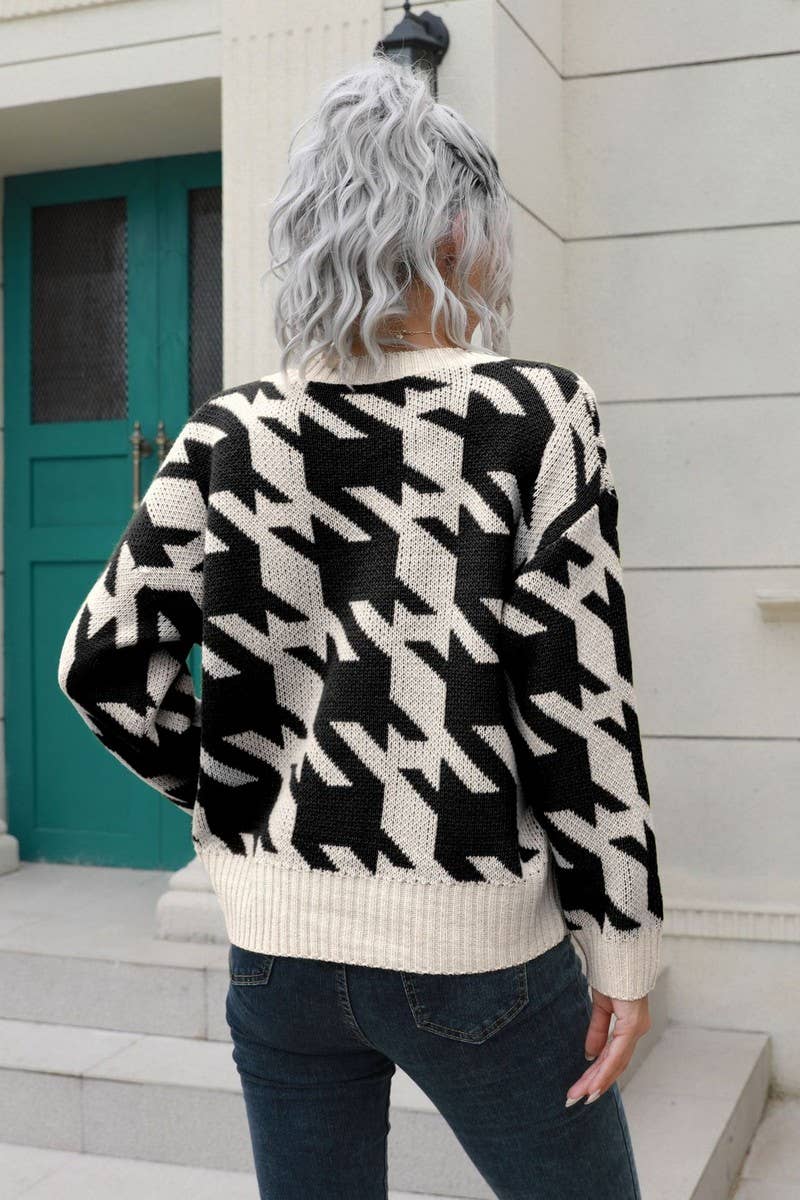 CWOCAL1192_HOUNDSTOOTH BUTTON LOOSE KNIT CARDIGAN