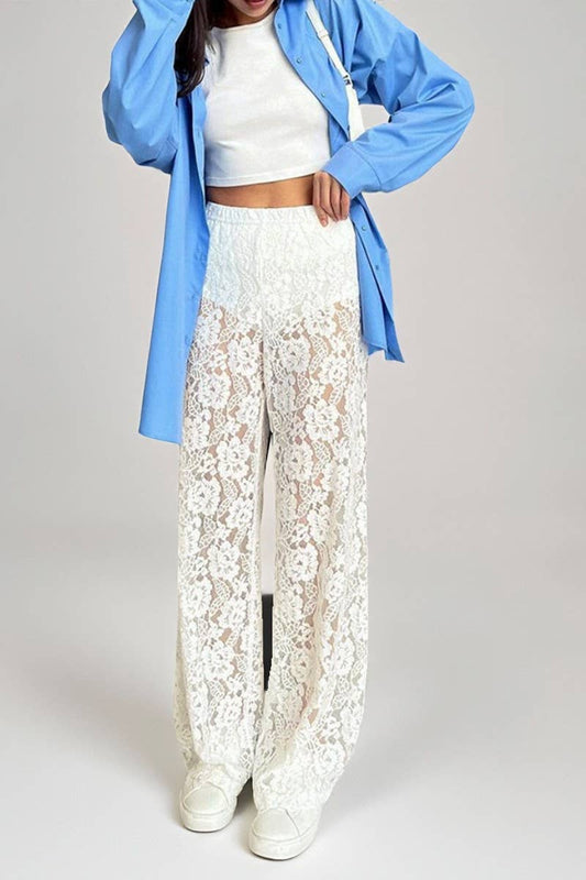 CWBLP894_SEE-THROUGH LACE SEXY WIDE-LEG TROUSERS