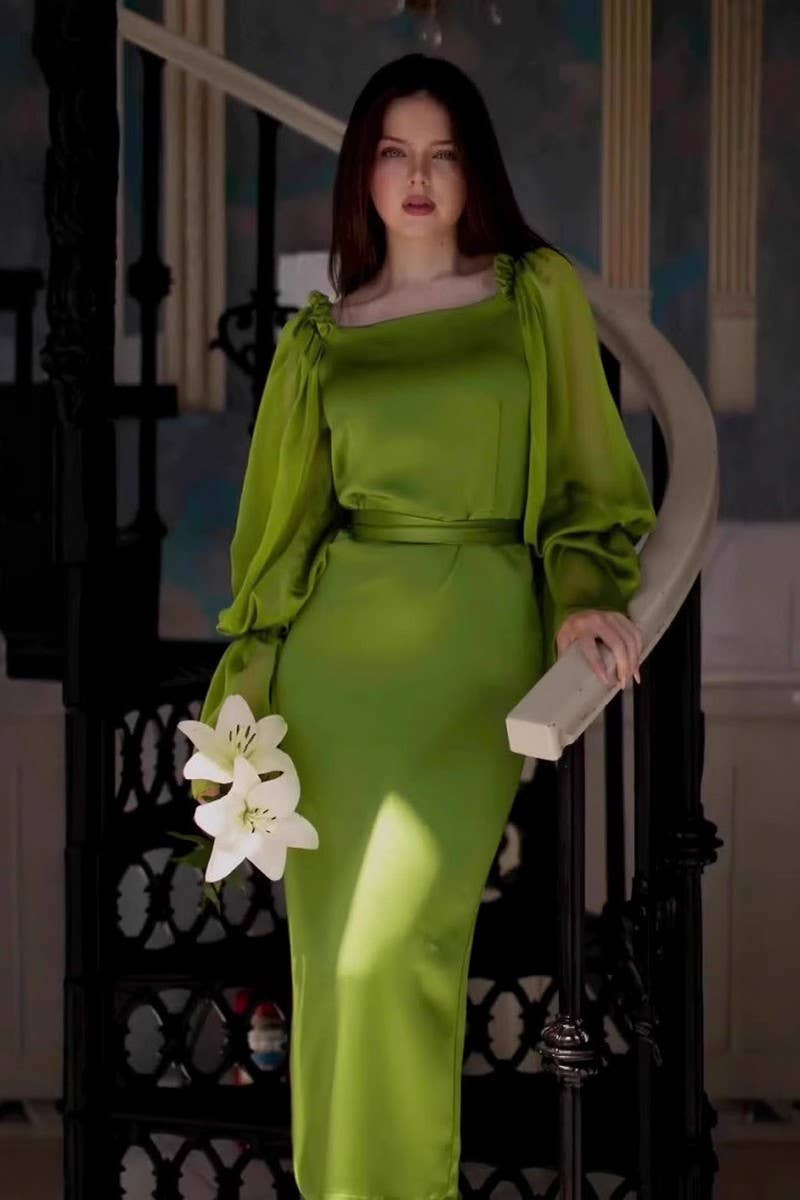 CWDMD01219_FOREST-STYLE FLOWING LONG-SLEEVED CHIFFON DRESS