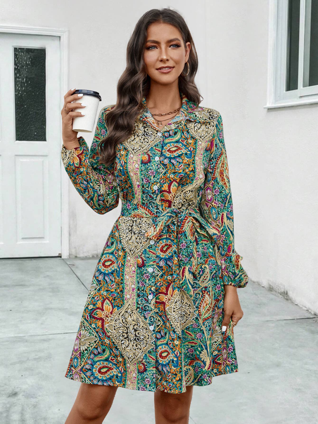 Ethnic style printed long-sleeved shirt dress
