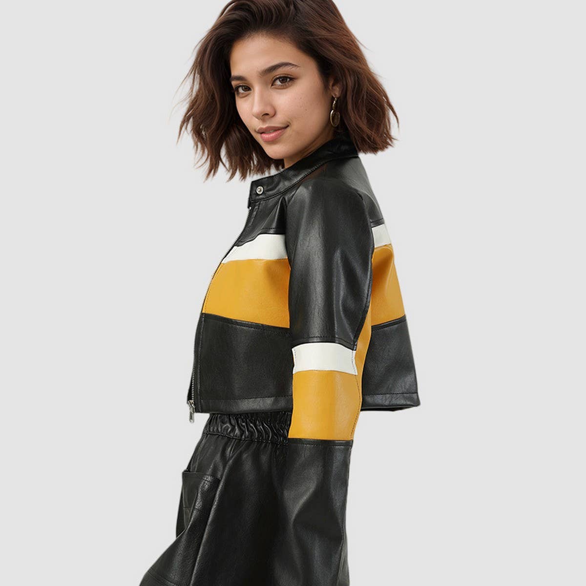 Colorblock PU Biker Jacket?Sexy Slim Stand Collar