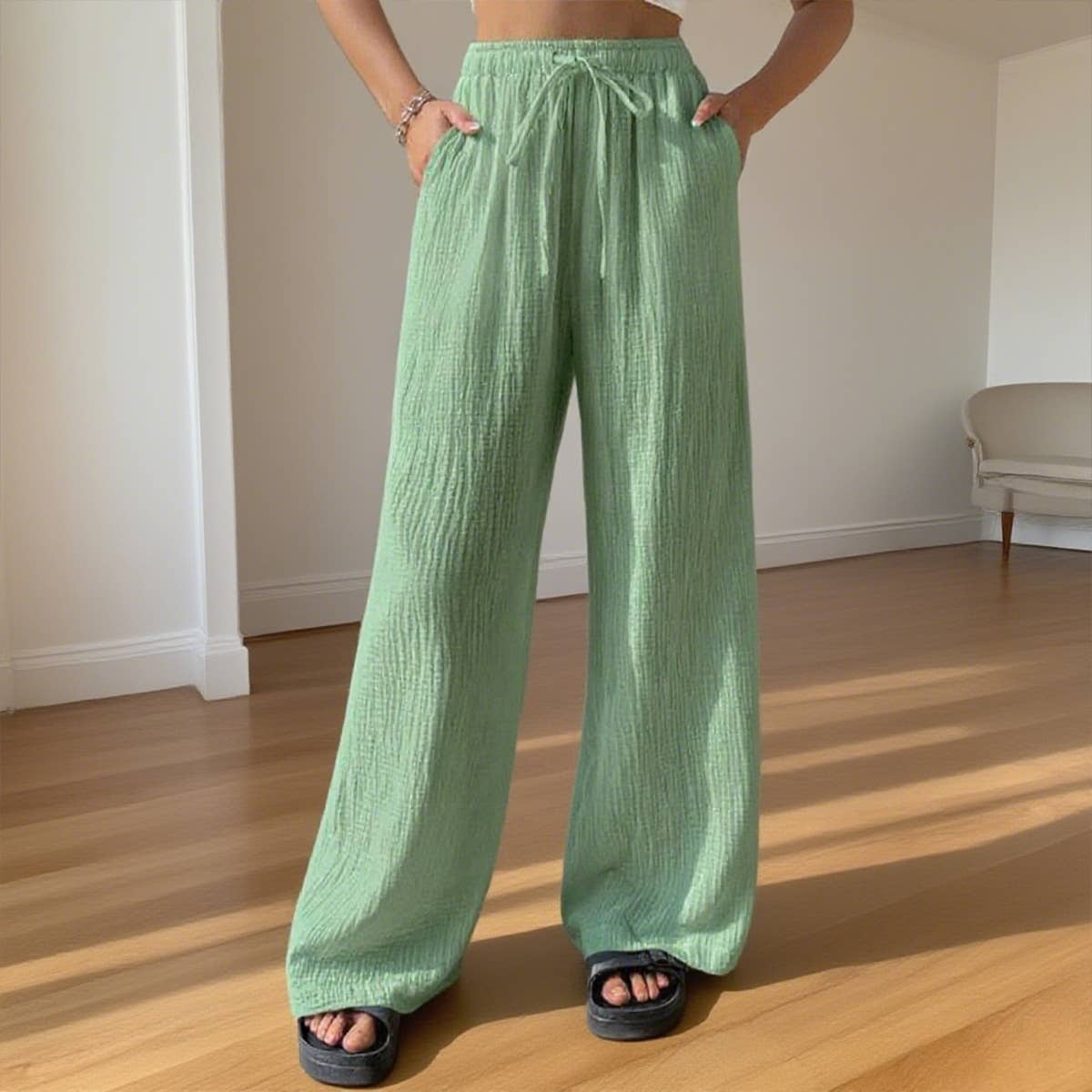 Elastic waist casual solid color wide-leg pants