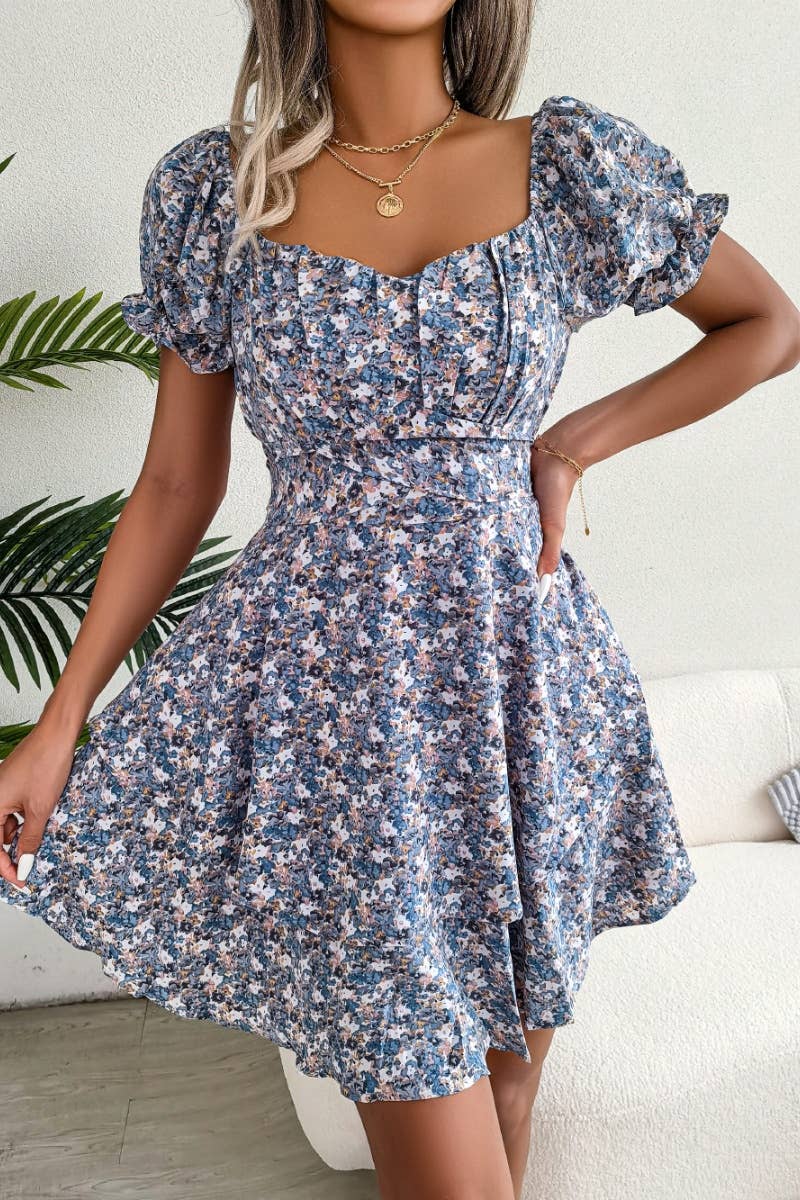 CWDSD4633_SUMMER FLORAL LACE-UP DRESS WITH WAIST SWING