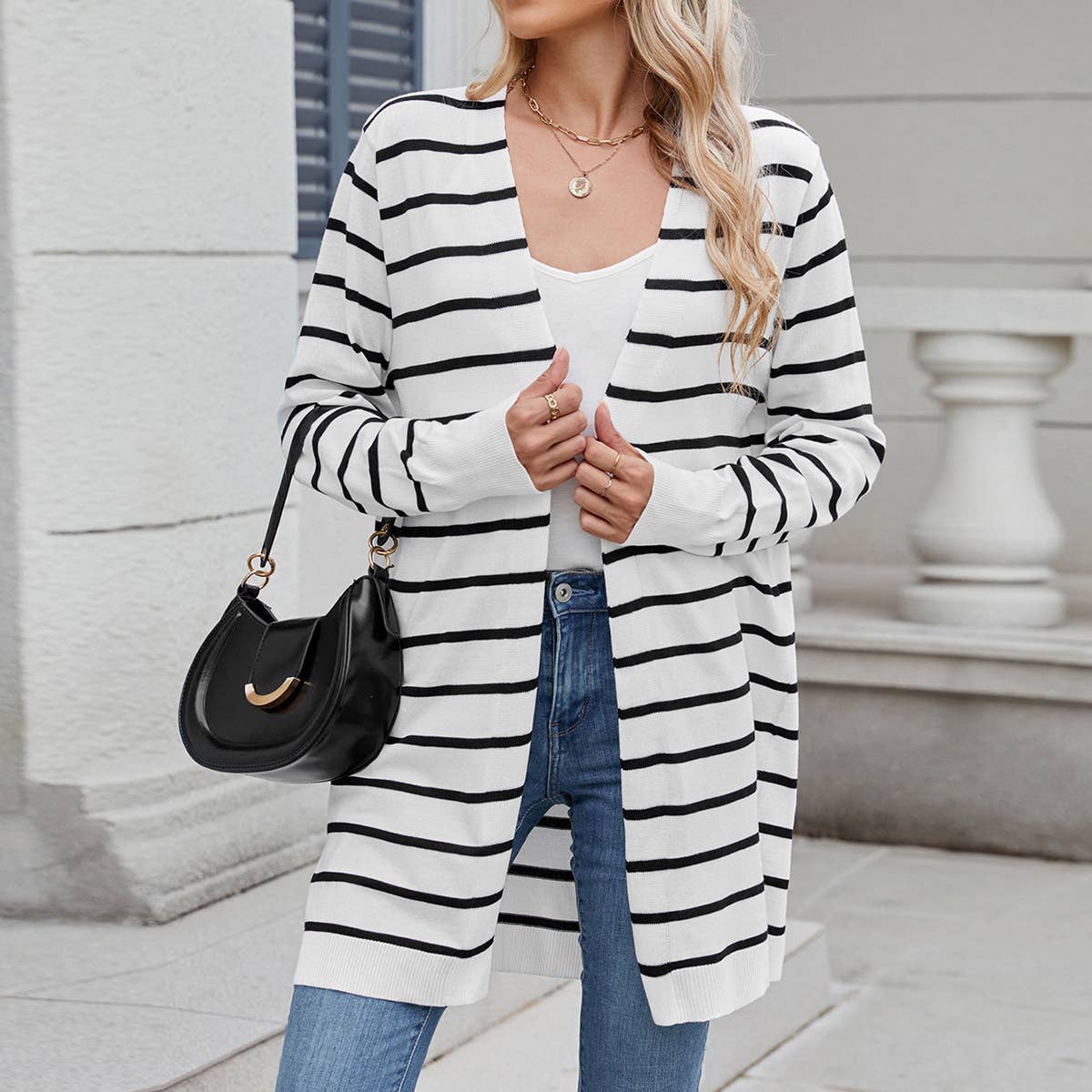 Long knitted striped cardigan without buttons