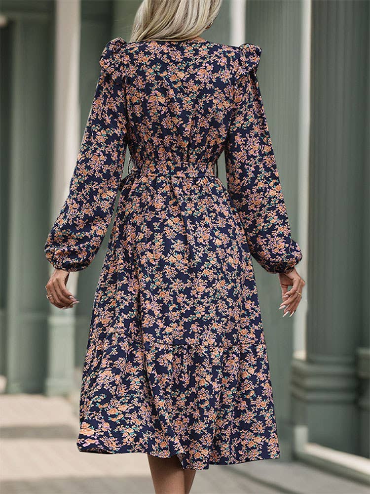Ruffled long-sleeved printed V-neck dress