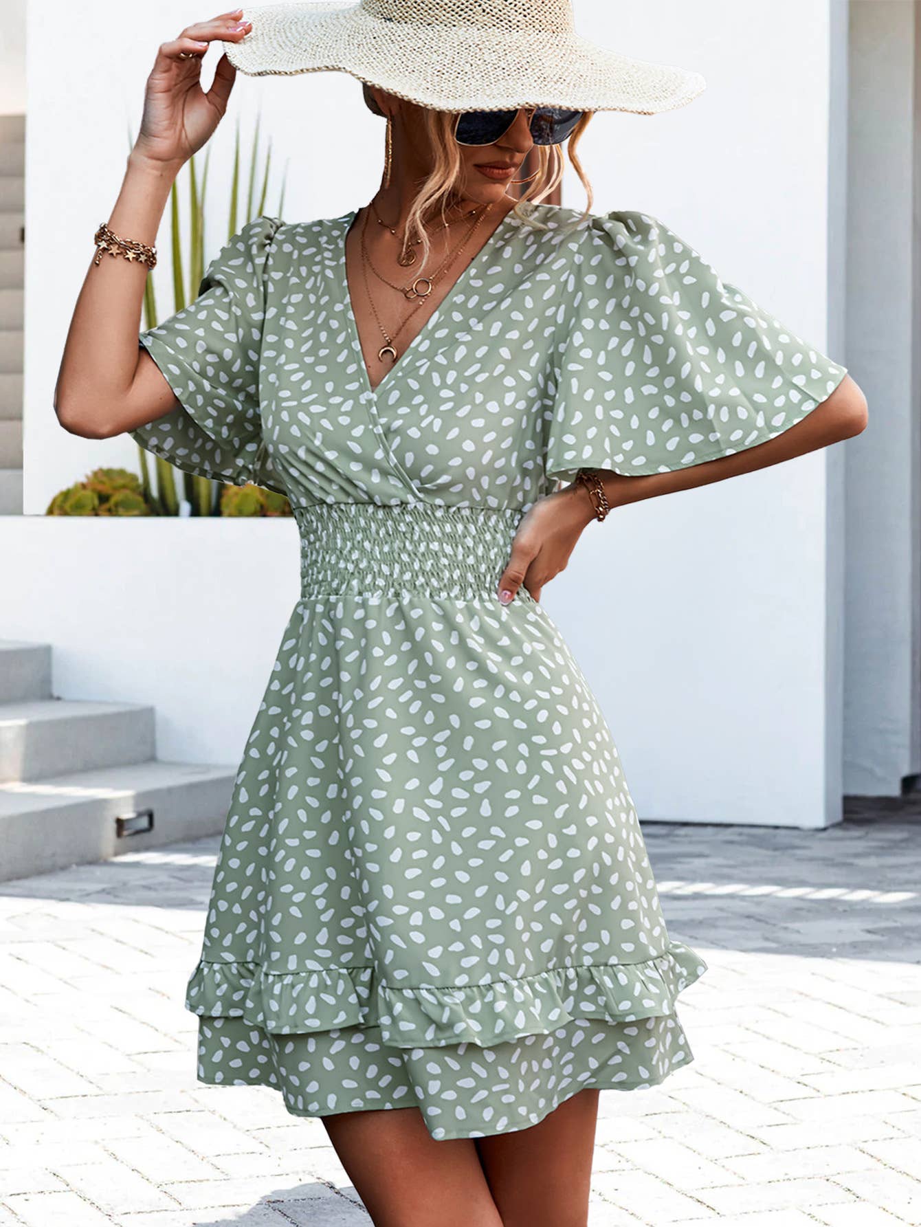 V-NECK DRESS WITH PINCHED SLEEVES