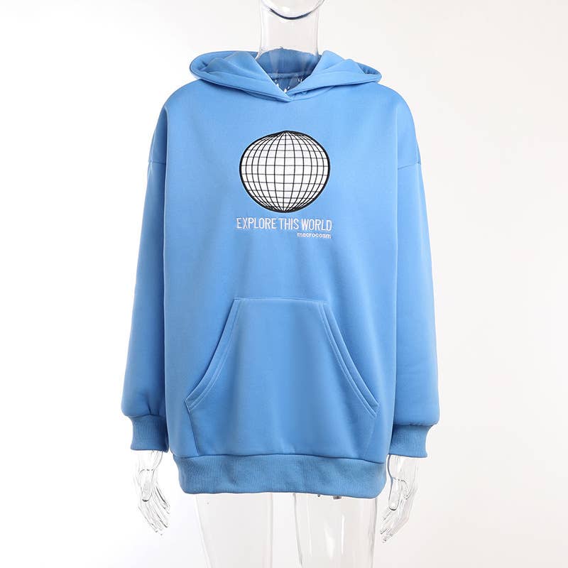 Letter-printed long-sleeved hooded hoodie for women