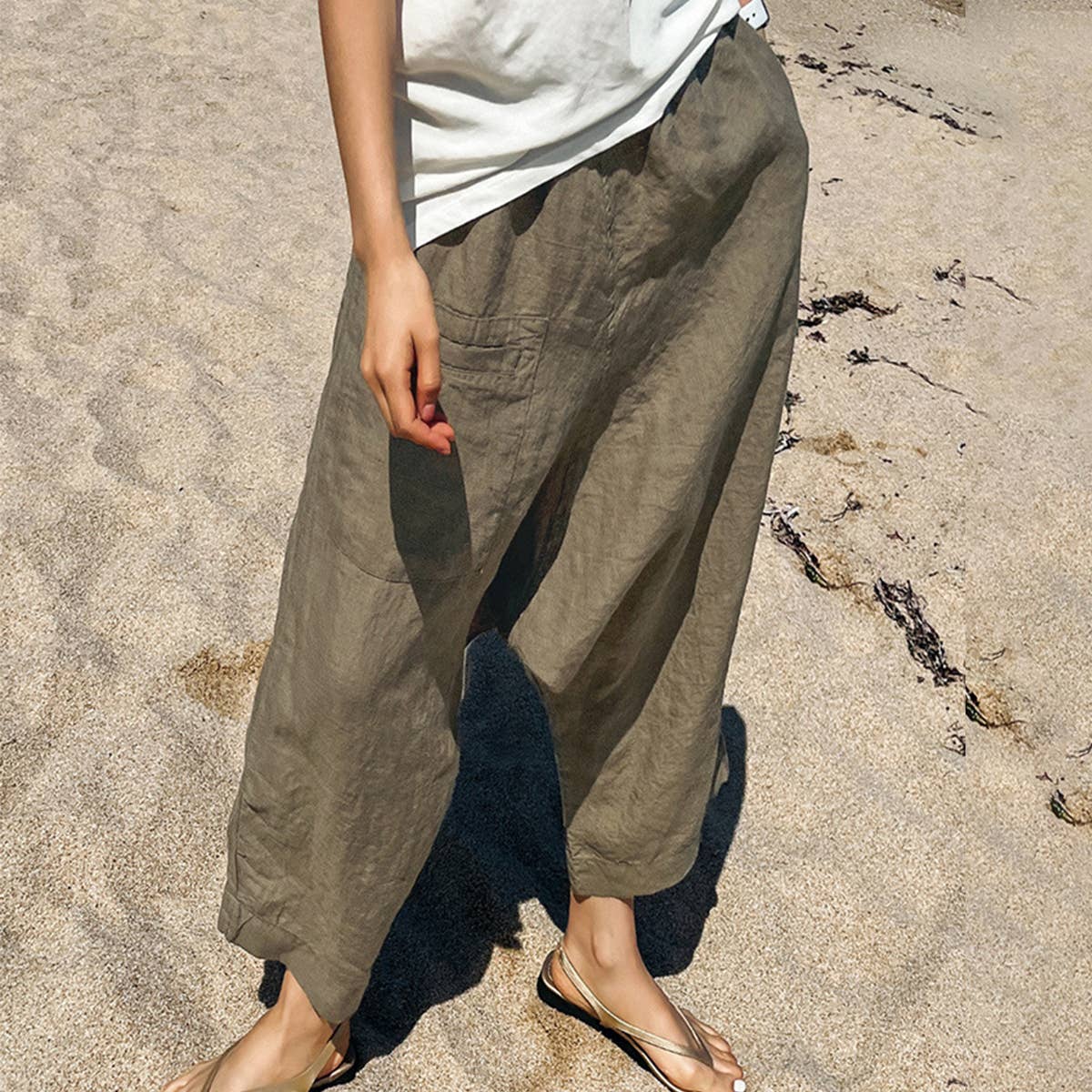 FABRIC LINEN-COTTON NINE-MINUTE WIDE-LEG PANTS