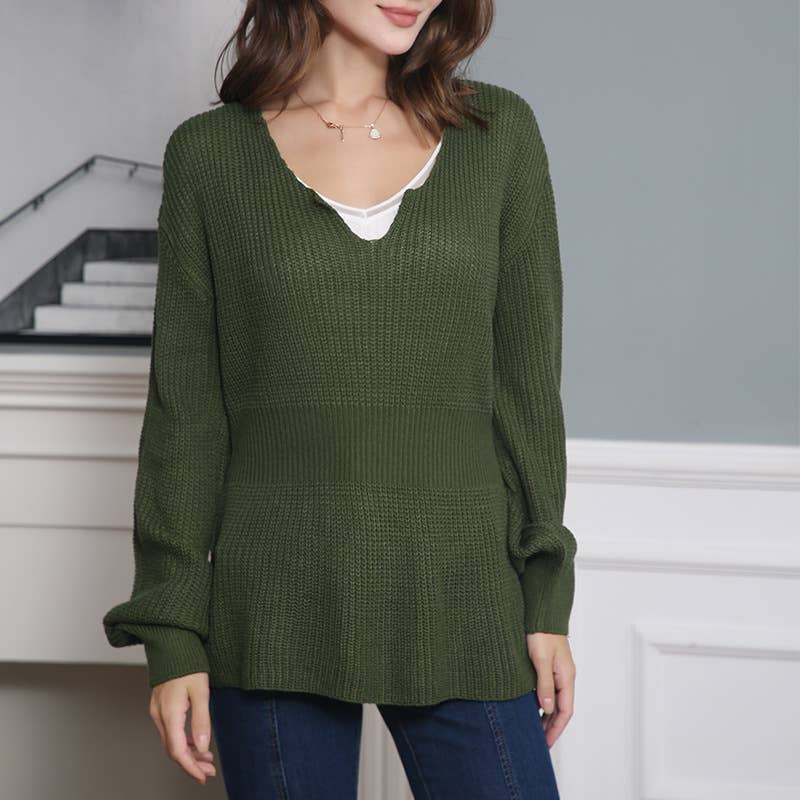 FASHION V-NECK LONG SLEEVE RUFFLED WAIST KNIT