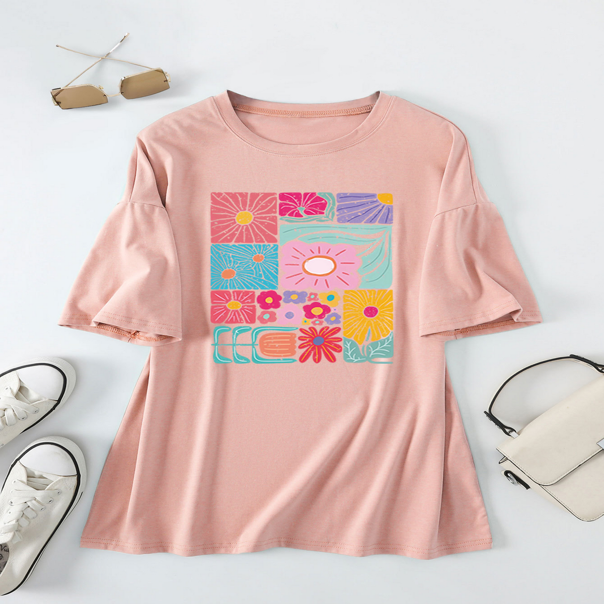 Women??¢s Loose Fit Tee with Colorful Flowers_CWTTS1466