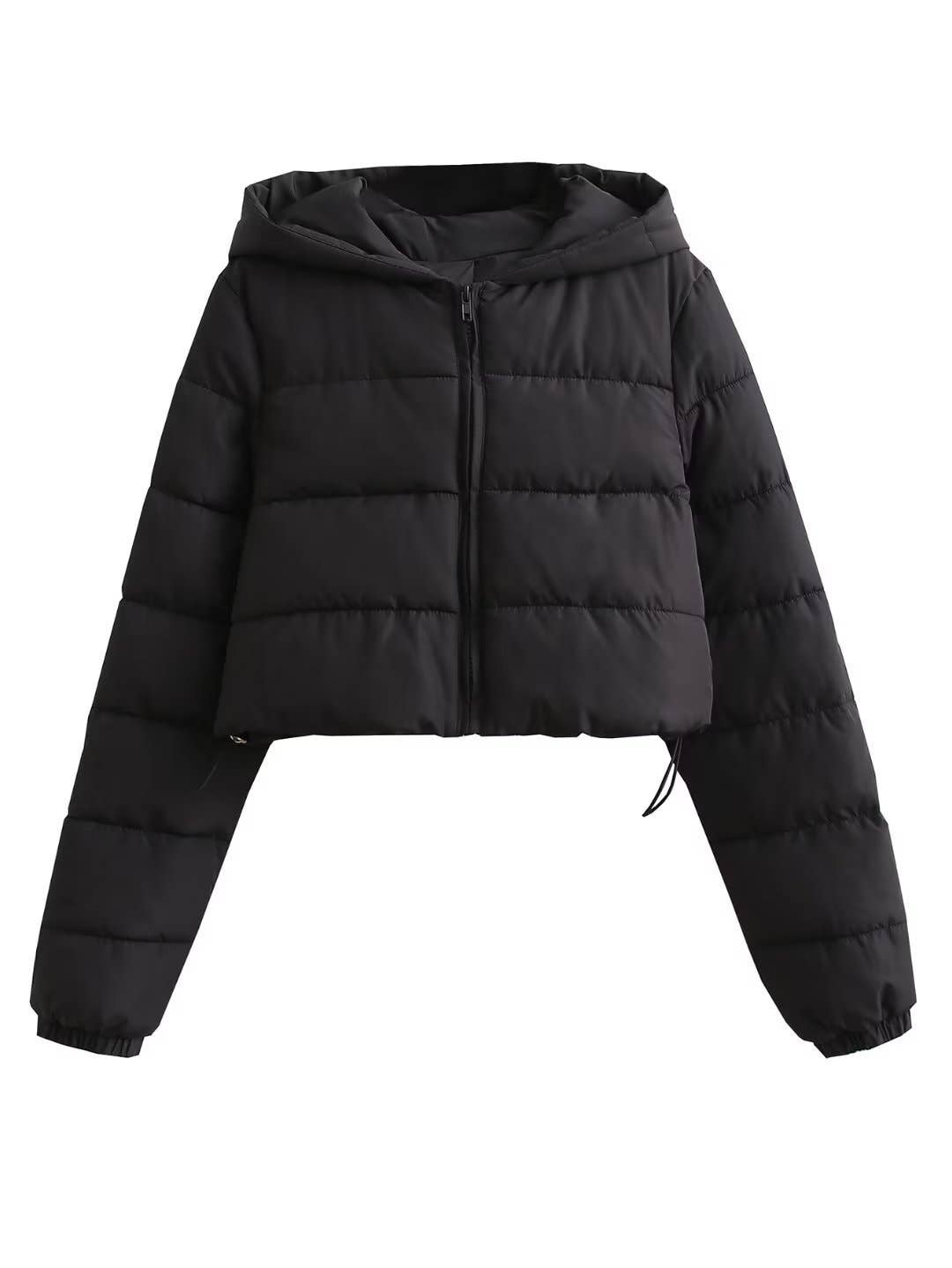Short solid-color hooded hand-stuffed jacket