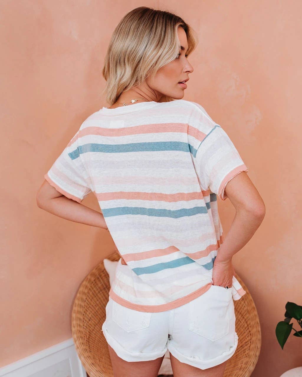 Striped print style casual short-sleeved blouse