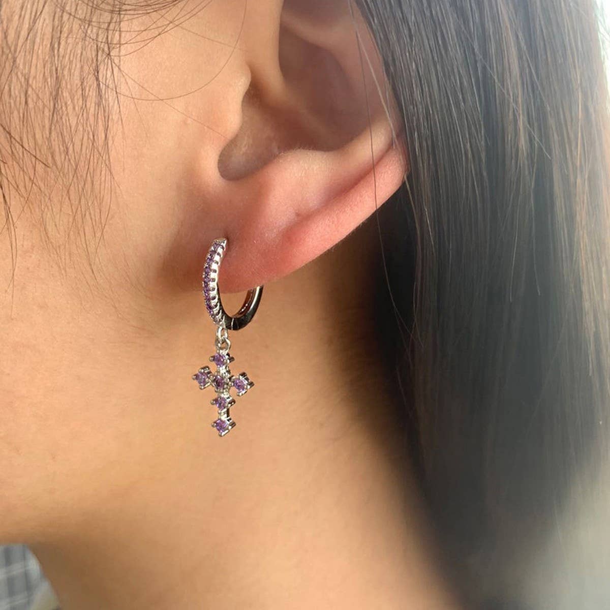 COLORFUL FRENCH CROSS DIAMOND EARRINGS