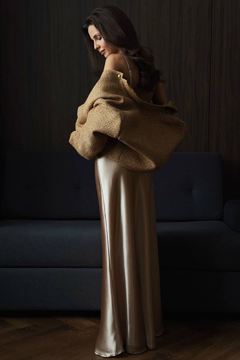 CWOCO0361_FALL FASHION GOLD SEQUIN LONG-SLEEVED JACKET