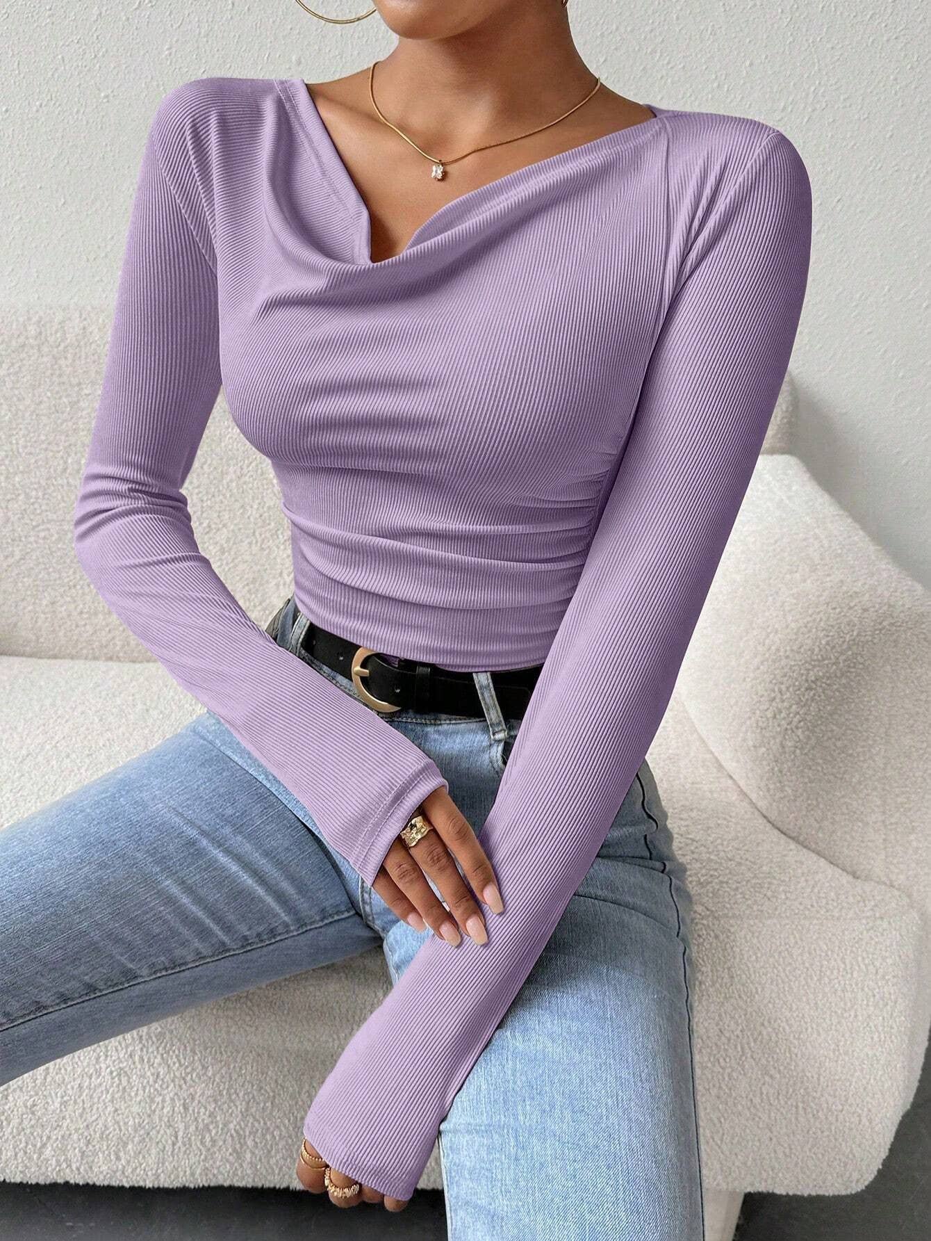 SWING NECK PLEATED SOLID COLOR SLIM-FIT T-SHIRT