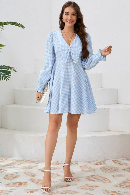 CWDSD6462_LARGE LAPEL WIDE HEM LONG SLEEVE PLAID DRESS