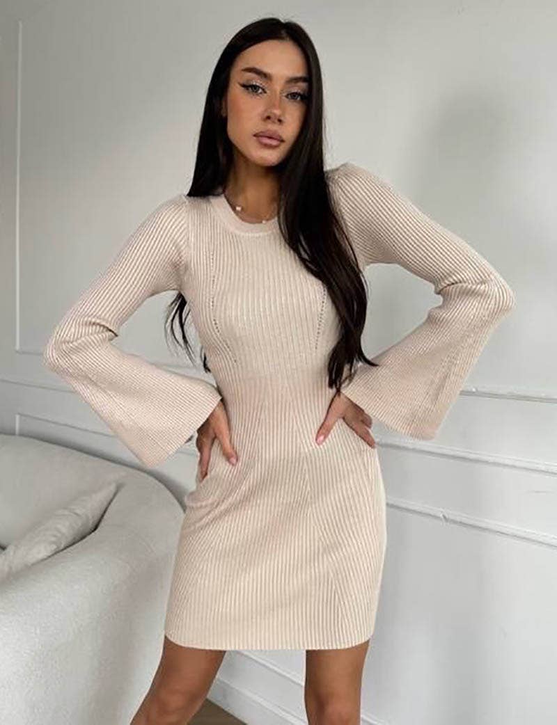 ROUND NECK FLARED SLEEVE PIT STRIP KNITTED DRESS