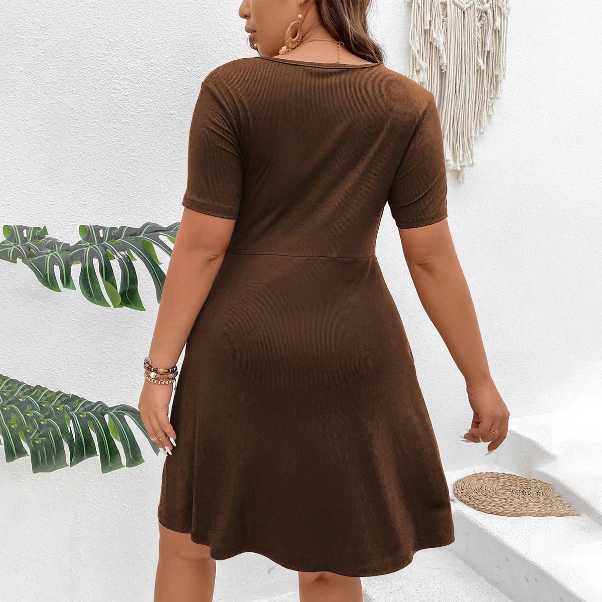 V NECK A LINE KNOT SOLID COLOR SHORT DRESS_CWDSD3299