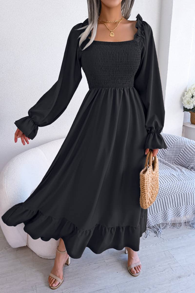CWDMD2663_RUFFLED DRESS WITH SQUARE COLLAR FLARED SLEEVES