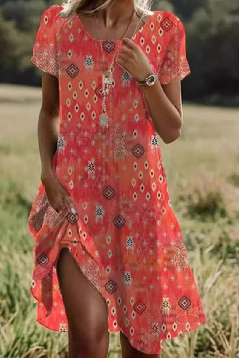 CWDMD5715_SUMMER ARTISTIC ROUND NECK MIDI DRESS