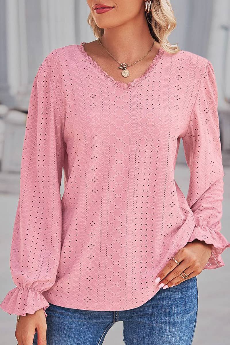 WOMEN LACE TRIM NECK EYELET LONG SLEEVE SHIRT TOP_CWTSTL0301