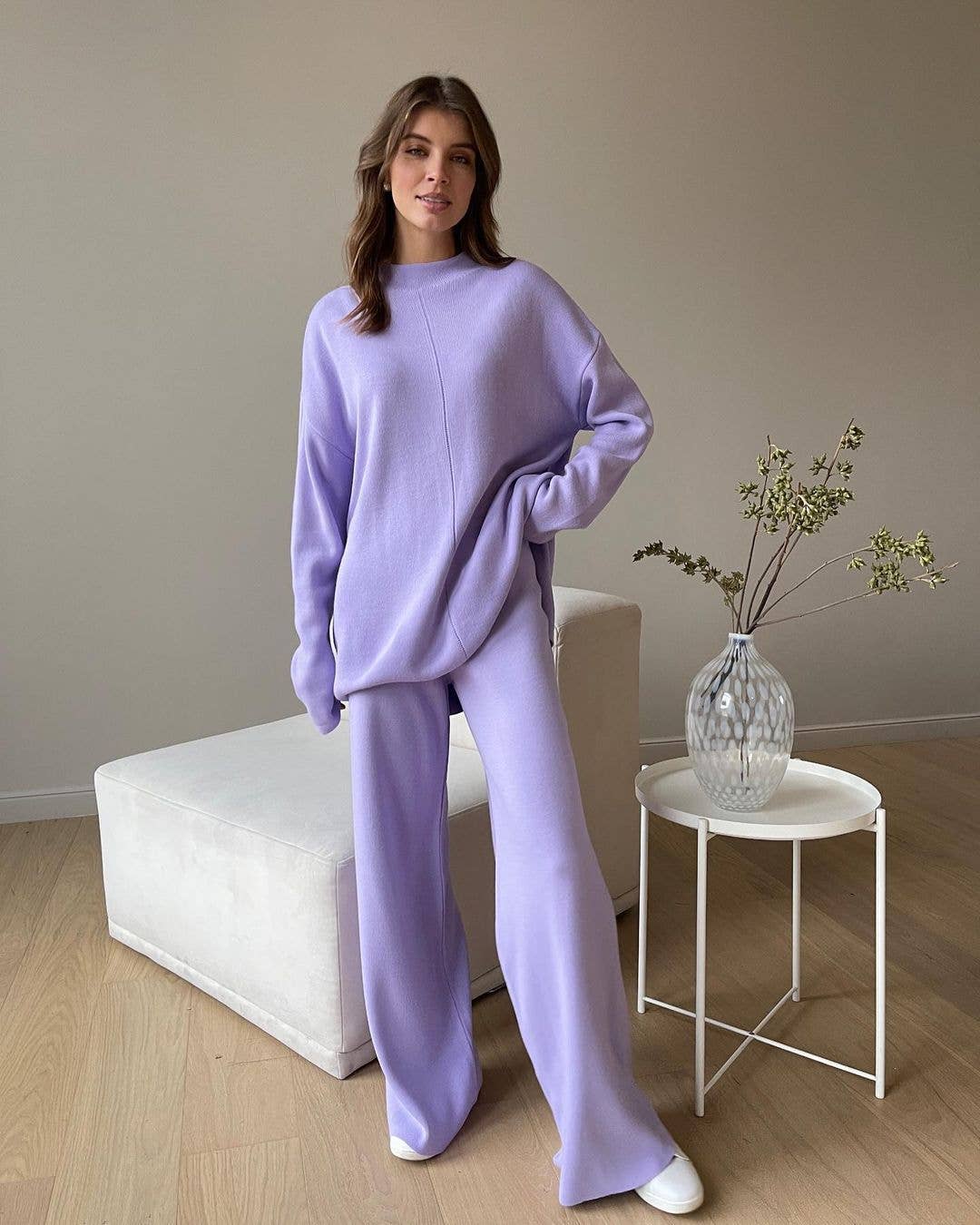 LONG SLEEVE LOOSE SWEATER KNIT TOP PANT SUIT