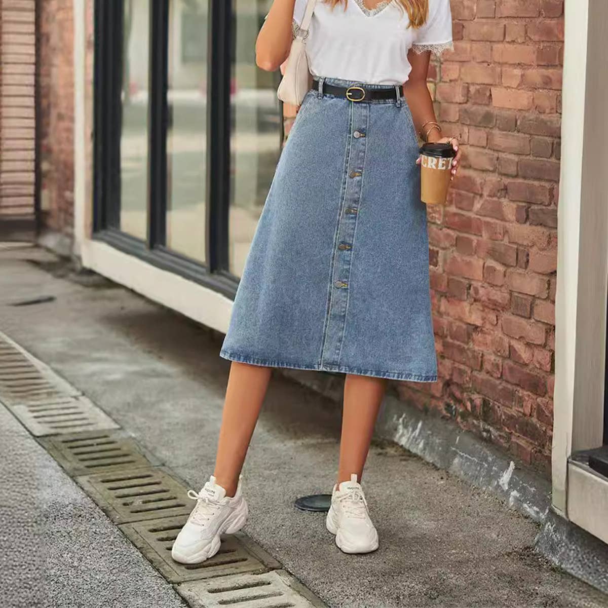 Washed Denim Button Front Skirt for Women Slim
