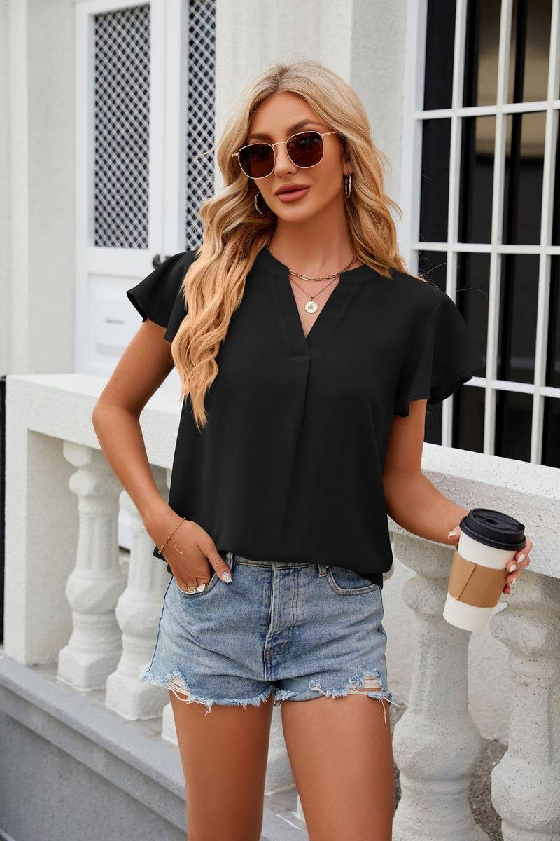 SOLID COLOR V NECK LOOSE SHORT SLEEVE CHIFFON TOP_CWTSTS0316