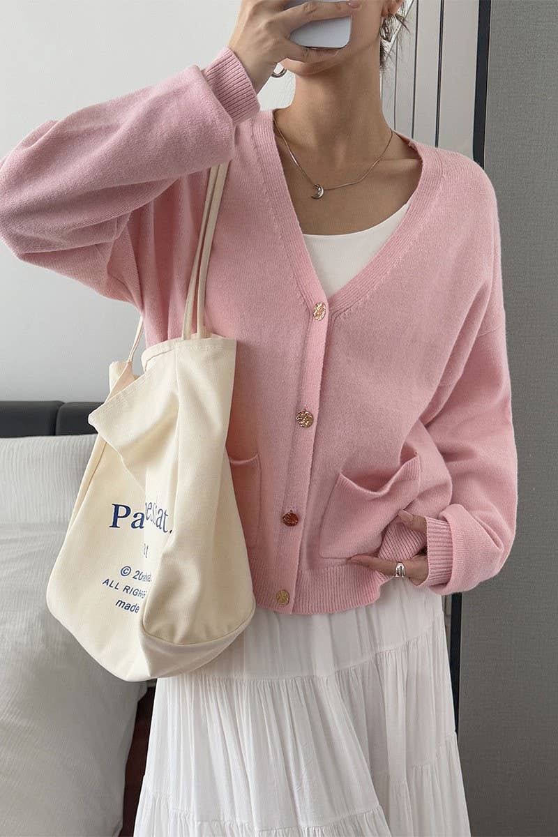 CWOCAL00771_SOLID COLOR V-NECK KNITTED CARDIGAN