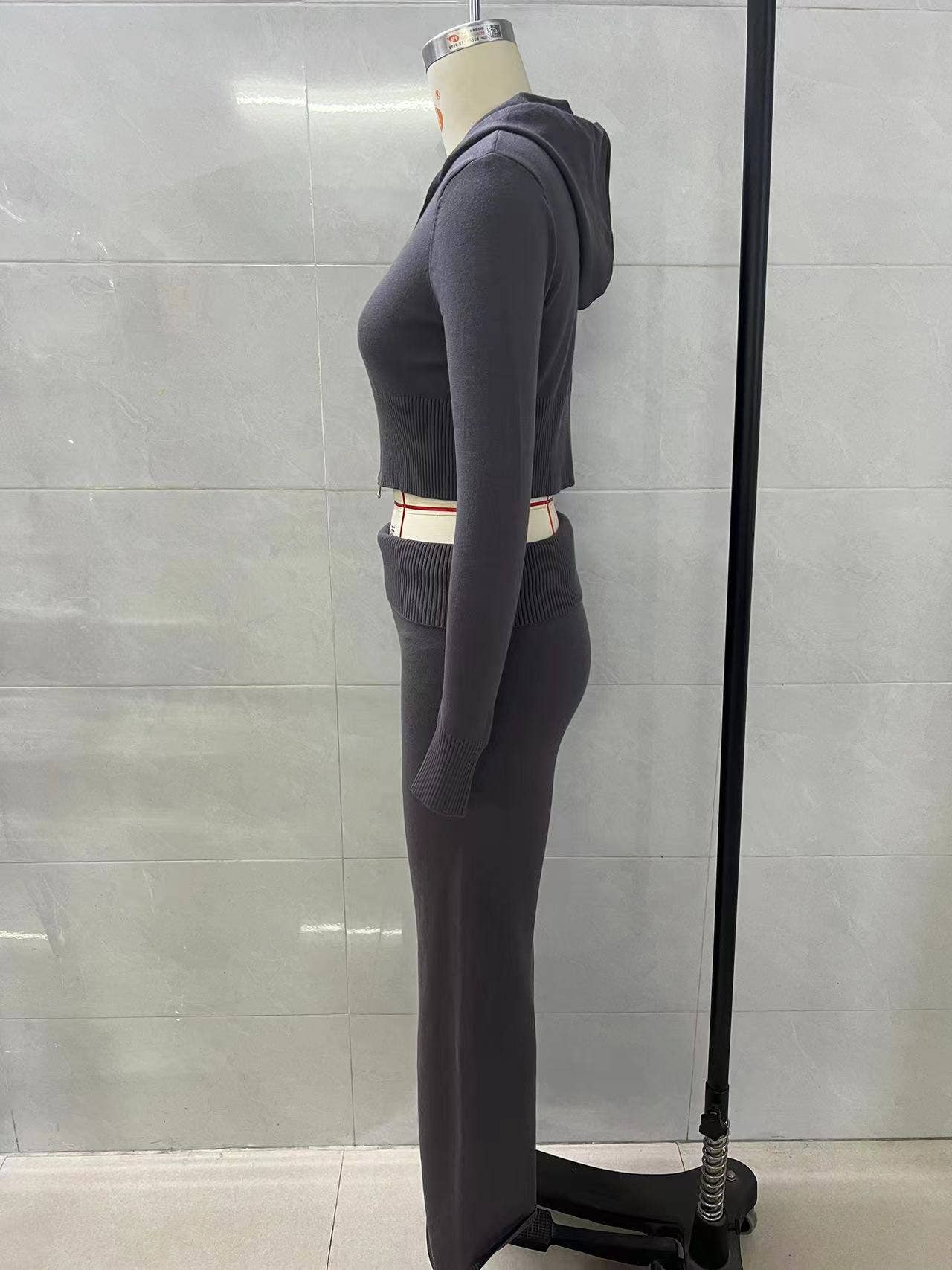 Zipper hooded top,low-waisted flared pants set