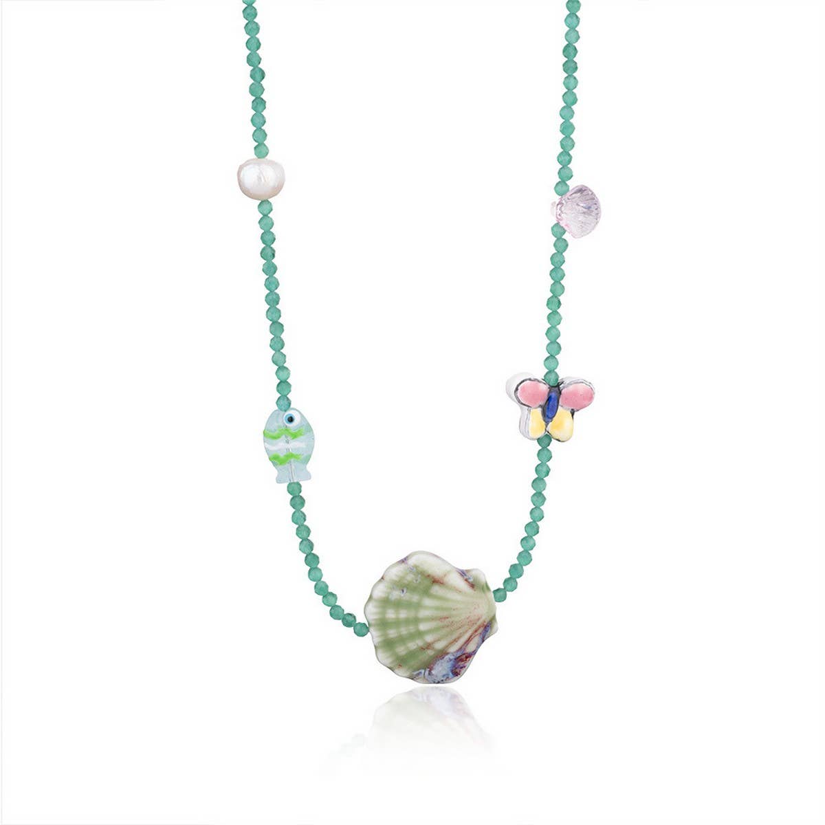 Unique Boho Glass Shell and Crystal Necklace